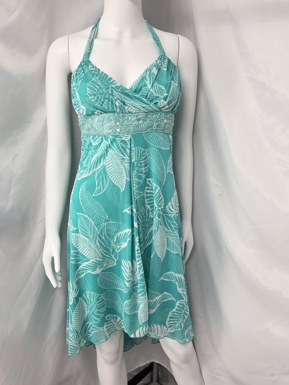 Vintage Jodi Kristopher Teal Tropical Halter Dress Y2K Mesh Coquette Whimsigoth